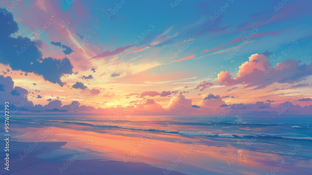 Fototapeta premium rainbow colored sunrise painted the sky and sea