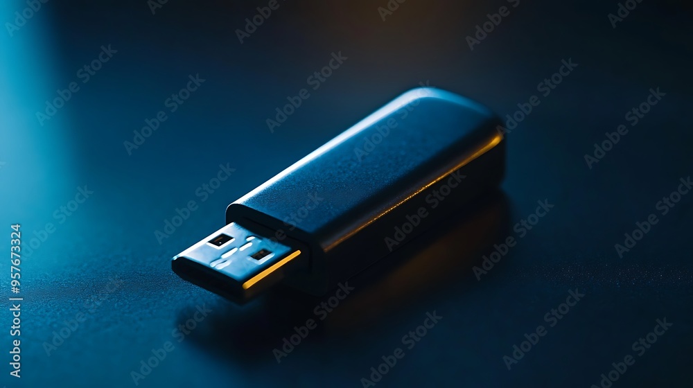 Black USB Flash Drive on a Blue Surface Black USB Flash Drive on a Blue Surface