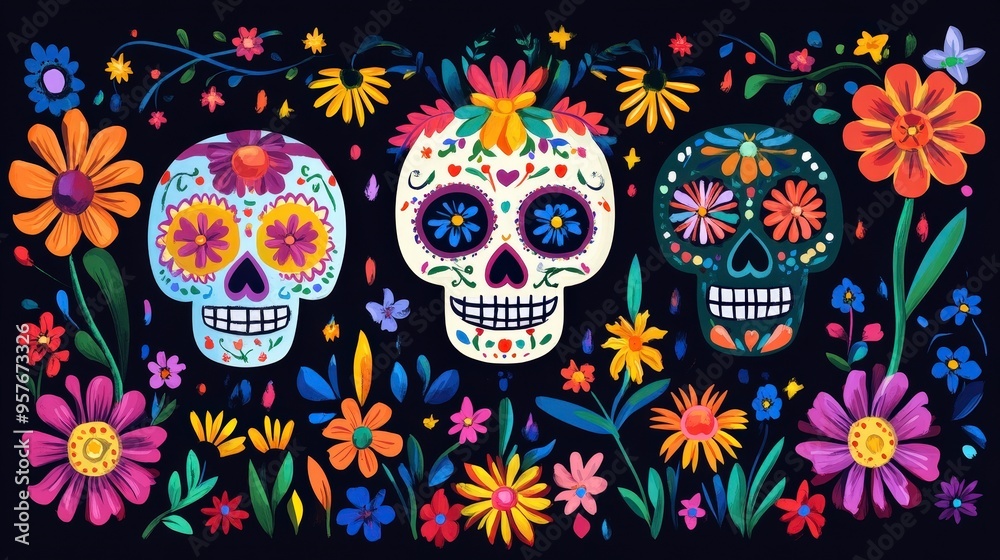 Vibrant Mexican Folk Art: Sugar Skulls and Flowers with Bold Colors on Dark Background Vibrant Mexican Folk Art: Sugar Skulls and Flowers with Bold Colors on Dark Background