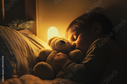 A child peacefully sleeps while hugging a teddy bear beside a warm bedside lamp at night