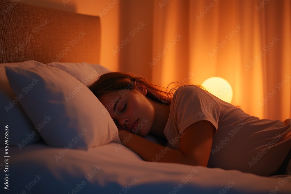 Obraz premium A young woman peacefully sleeps in a softly lit bedroom with warm hues creating a serene nighttime atmosphere