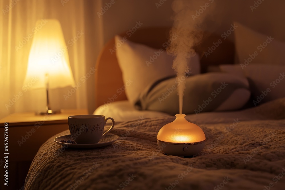 Cozy evening atmosphere with a cup of tea, soft lighting, and a diffuser creating a relaxing ambiance in a serene bedroom setting Cozy evening atmosphere with a cup of tea, soft lighting, and a diffuser creating a relaxing ambiance in a serene bedroom setting