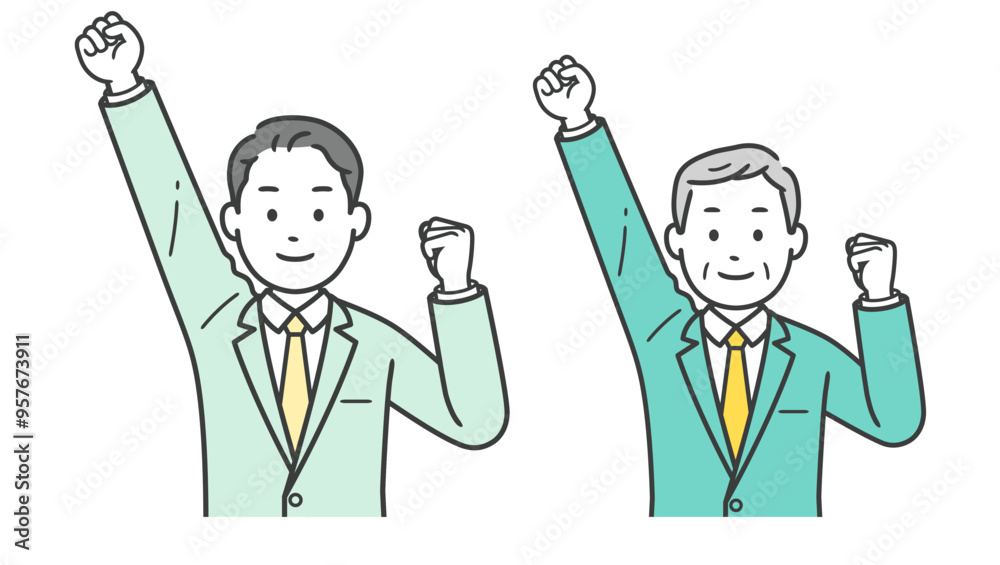 ガッツポーズをする男性ビジネスマンの上半身イラスト