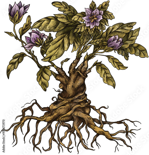 Vintage Poisonous Mandrake Flower, Isolated PNG Witchcraft Magic Floral Illustration