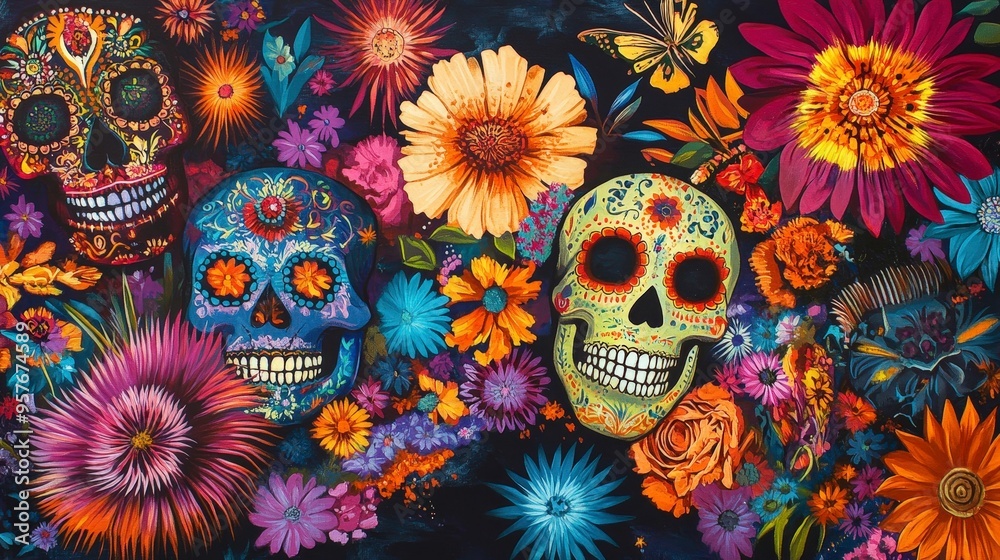 Vibrant Sugar Skulls and Floral Explosion on Dark Background