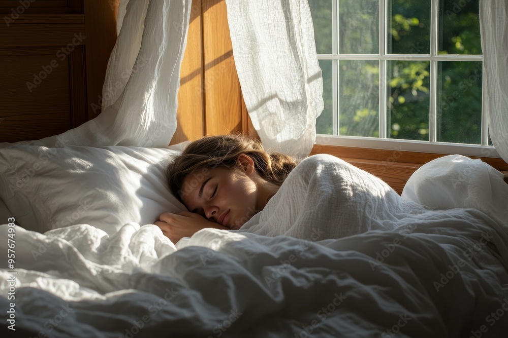 A young woman peacefully sleeping in a sunlit room, draped in soft linens with gentle breezes flowing through an open window A young woman peacefully sleeping in a sunlit room, draped in soft linens with gentle breezes flowing through an open window
