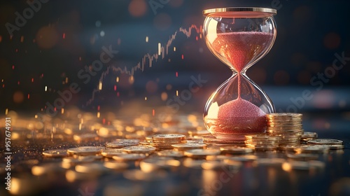 3D Rendered Hourglass with Falling Coins and Descending Interest Rate Line Symbolizing Time and Money Metaphors