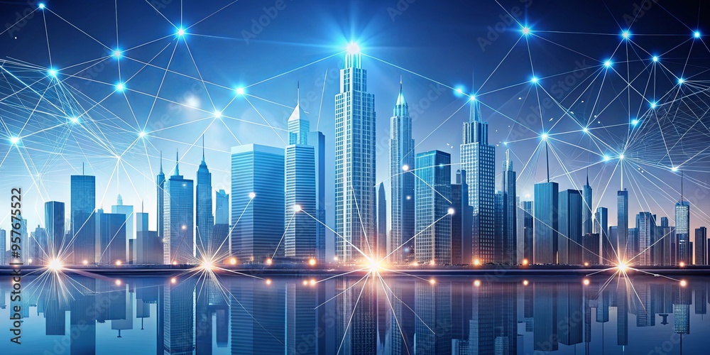 A modern city skyline with abstract lines and dots in the foreground A modern city skyline with abstract lines and dots in the foreground