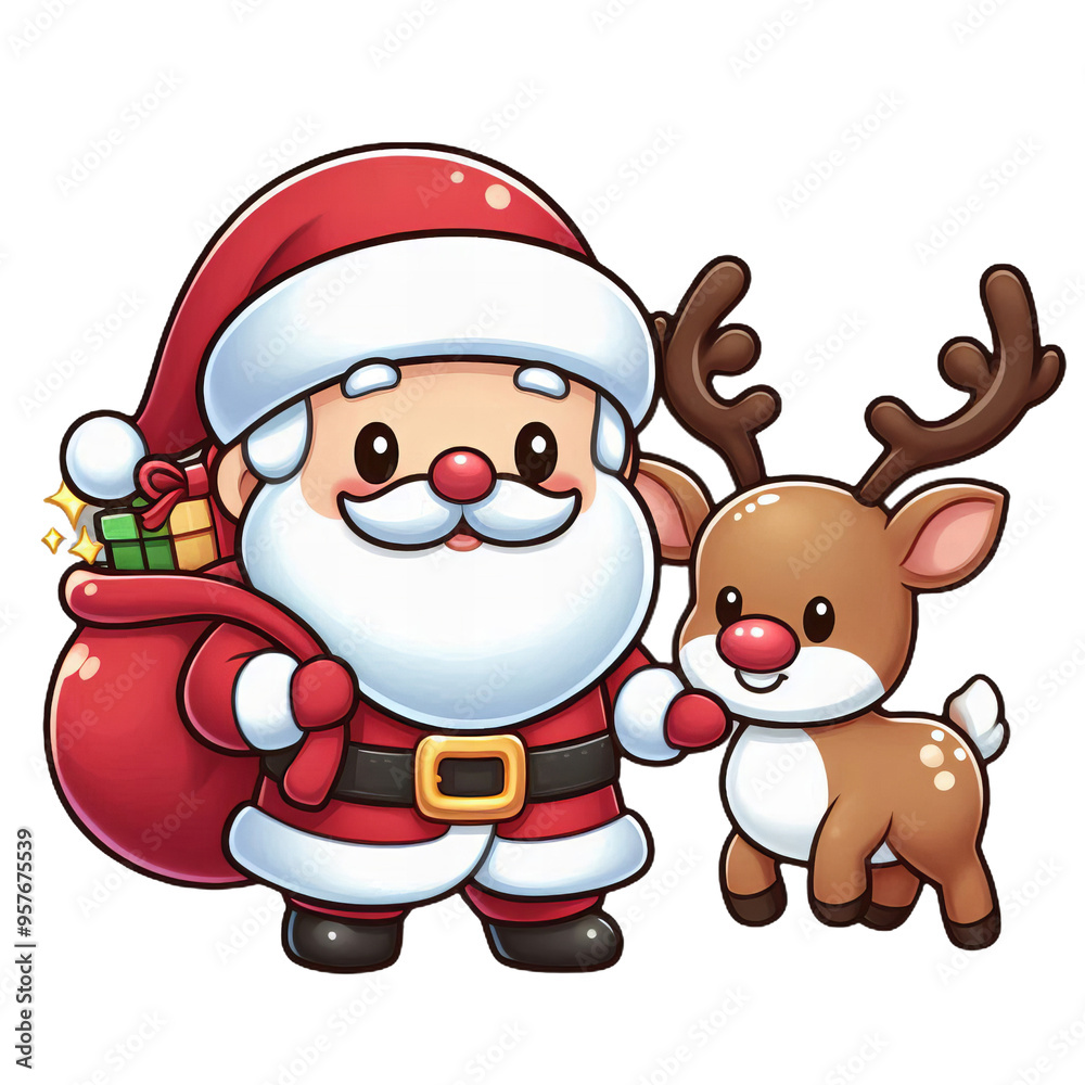 Festive Santa Claus with Reindeer Adorable Christmas Cartoon Illustrations