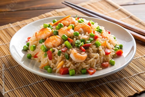 Stir fried rice with shrimp on plate