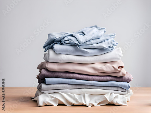 Stack of clean freshly laundered, neatly folded women's clothes on wooden table. Pile of shirts, dresses and sweaters on the table, white wall background. Copy space, close up, top view.