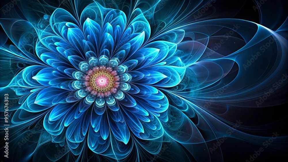 Intricate fractal black background with a vibrant blue flower Intricate fractal black background with a vibrant blue flower