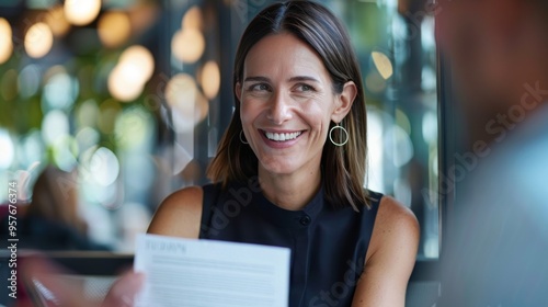 Fototapeta Naklejka Na Ścianę i Meble -  Smiling mature business woman hr holding cv document at job interview. Happy mid aged professional banking manager or lawyer consulting client sitting at workplace in corporate office meeting.