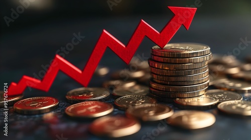 Stacked Coins with Downward Red Arrow Illustrating Falling Interest Rates