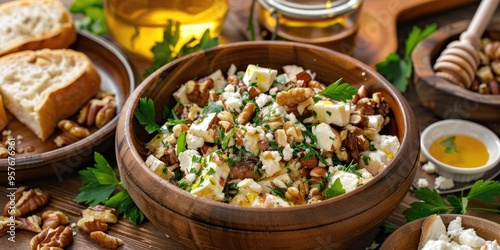 High quality photo of Oven Baked Brick Recipe with Goat Cheese Honey and Walnut Salad