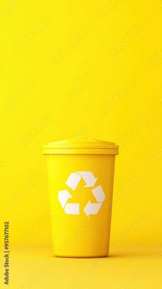 Bright yellow recycling bin with a prominent recycle symbol, ideal for promoting eco-friendly practices and sustainability. Bright yellow recycling bin with a prominent recycle symbol, ideal for promoting eco-friendly practices and sustainability.