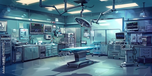 Detailed illustration of a modern operating theater with advanced surgical equipment and monitors