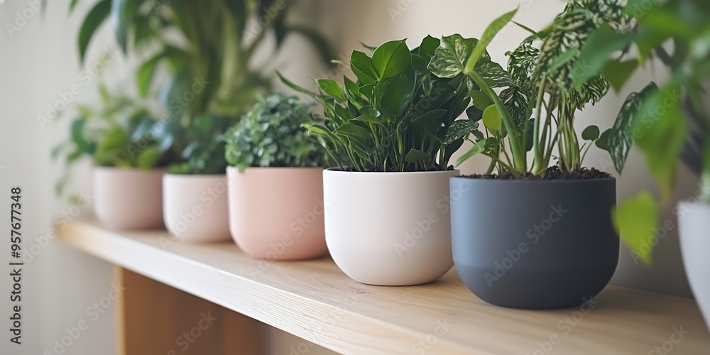 a row of potted plants are on a shelf with a white potted plant. a row of potted plants are on a shelf with a white potted plant.