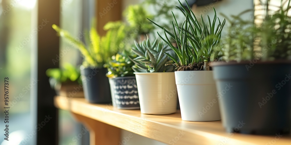 a row of potted plants are on a shelf with a white potted plant. a row of potted plants are on a shelf with a white potted plant.