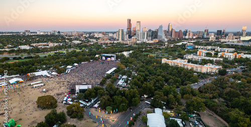 Fototapeta Naklejka Na Ścianę i Meble -  Aerial view of the Austin City Limits music festival with Austin skyline in the background