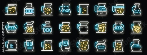 Neon glowing pitcher icons showing various styles and contents, perfect for bar or restaurant menu design