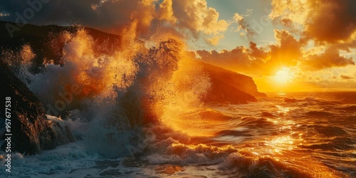 Dramatic sea scenery at sunset, casting a golden glow over crashing waves and rocky cliffs photo