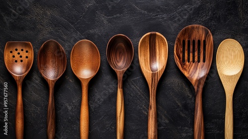 Assortment of Wooden Cooking Spoons and Utensils on Black Background