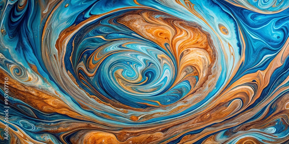 Abstract painting of a swirly blue pattern with a brown and orange swirl on the bottom Abstract painting of a swirly blue pattern with a brown and orange swirl on the bottom