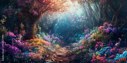 An enchanted forest in a fantasy land filled with vibrant multicolored flowers and trees peaceful landscapes, Plants and Flowers concept