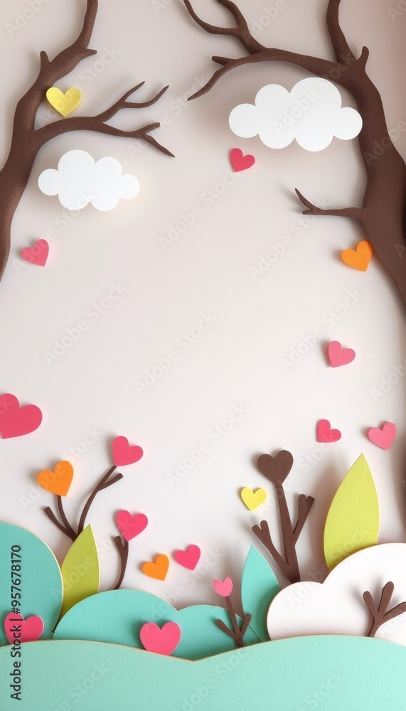 Paper cut out hearts, clouds, and trees with a pastel pink background. Paper cut out hearts, clouds, and trees with a pastel pink background.