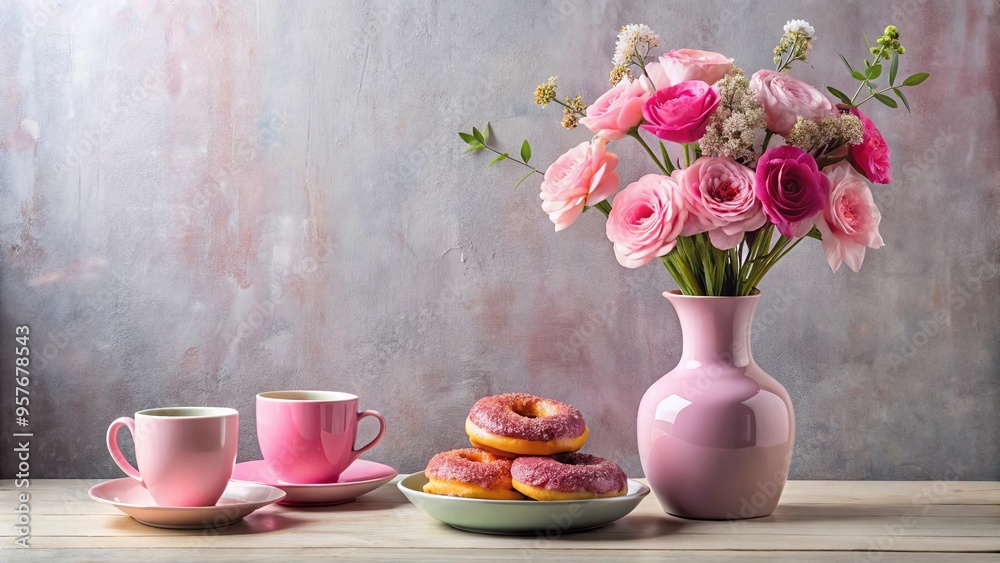 A beautifully decorated table with pink vases, flowers, coffee, donuts, and a serene ambiance A beautifully decorated table with pink vases, flowers, coffee, donuts, and a serene ambiance