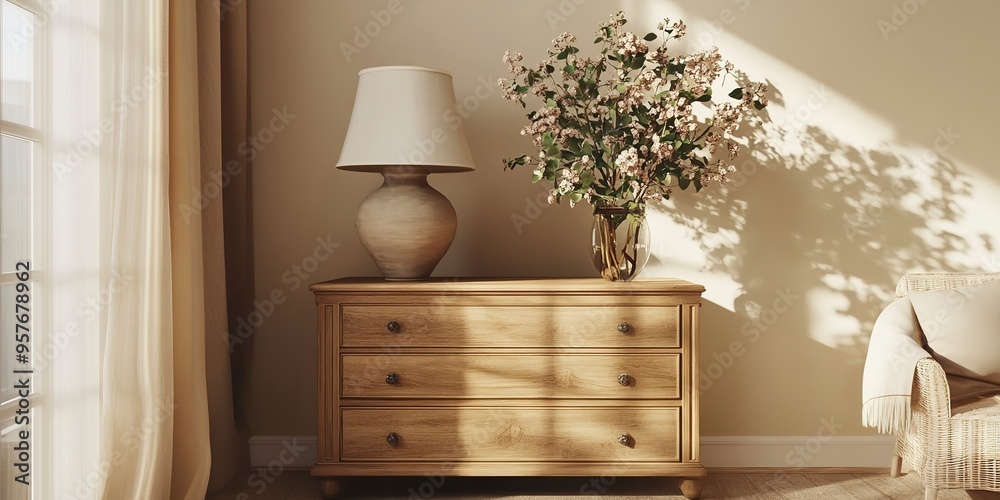 A living room with a wooden dresser, a lamp, and a vase of flowers A living room with a wooden dresser, a lamp, and a vase of flowers