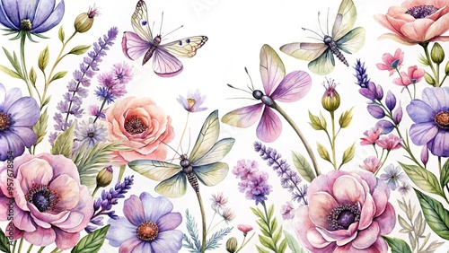 Beautiful watercolor floral pattern with anemones, lavender flowers, and dragonflies, perfect for a variety of design projects