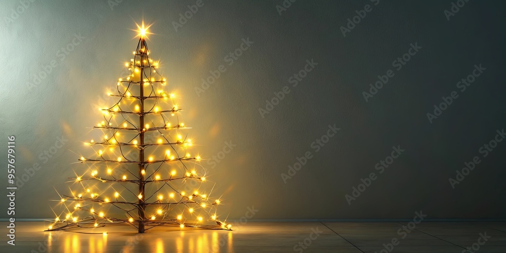 Minimalist Christmas tree glowing with luminous yellow light bulbs Minimalist Christmas tree glowing with luminous yellow light bulbs