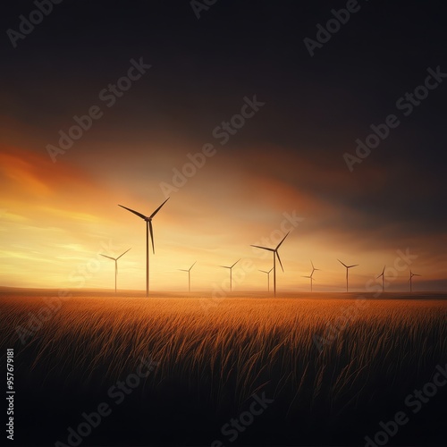 A serene landscape featuring towering wind turbines against a dramatic sunset sky, portraying renewable energy and tranquility.