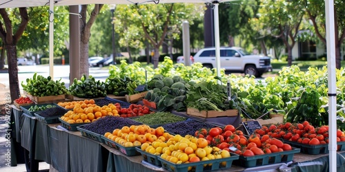 A farmer's market with a variety of organic fruits and vegetables neatly displayed on tables under a canopy