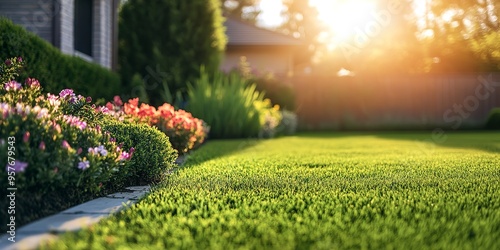 Perfect manicured lawn and flowerbed with shrubs in sunshine, on a backdrop of residential house backyard 