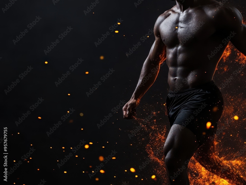 Naklejka premium A muscular athlete running through flames, showcasing strength and determination in an intense, dramatic scene.