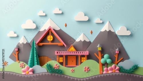 Papercraft mountains, houses, and trees on a blue background.