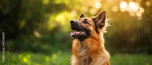 A cheerful dog enjoying a sunny day outdoors, showcasing its beautiful fur and happy expression in a natural setting. photo