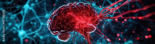 A detailed visualization of a brain illuminated in red, showcasing neural connections and vibrant activity within a dynamic background. photo