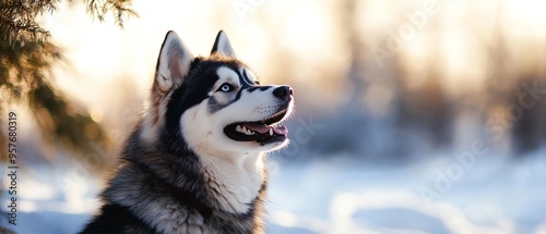 A beautiful Siberian husky dog stands in the snow, basking in the warm glow of the sunlight during a winter day.