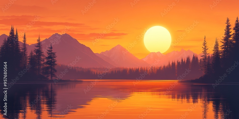 Fototapeta premium beautiful view of sunset over lake wallpaper. A landscape of Sunset over lake. landscape with a lake and mountains in the background. landscape of mountain lake and forest with sunset in evening. 
