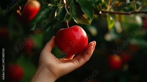 Hand reaching to pick a ripe, red apple from a tree branch in a lush orchard during the day with soft green foliage in the background. photo