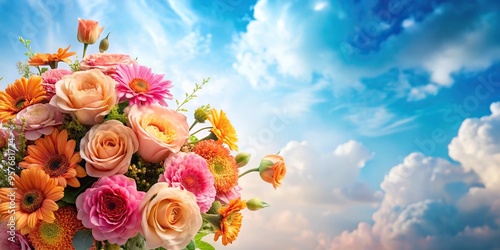 Whimsical bouquet of pink and orange flowers against cloudy backdrop photo