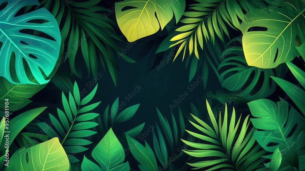 Fototapeta premium Jungle leaves with rich depth, flat design, front view, lush greenery theme, water color, Triadic Color Scheme