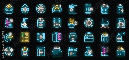 Cryotherapy recovery treatment neon icons set vector. Cryotherapy therapy and procedure, recreation freezing in cryobath and cold water swimming illustration