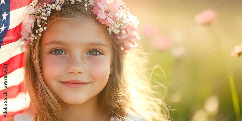 Joyful girl with a USA flag and a floral headband in a sunny outdoor setting. Charming young girl showcasing national pride with a flag and flowers in her hair. Joyful girl with a USA flag and a floral headband in a sunny outdoor setting. Charming young girl showcasing national pride with a flag and flowers in her hair.