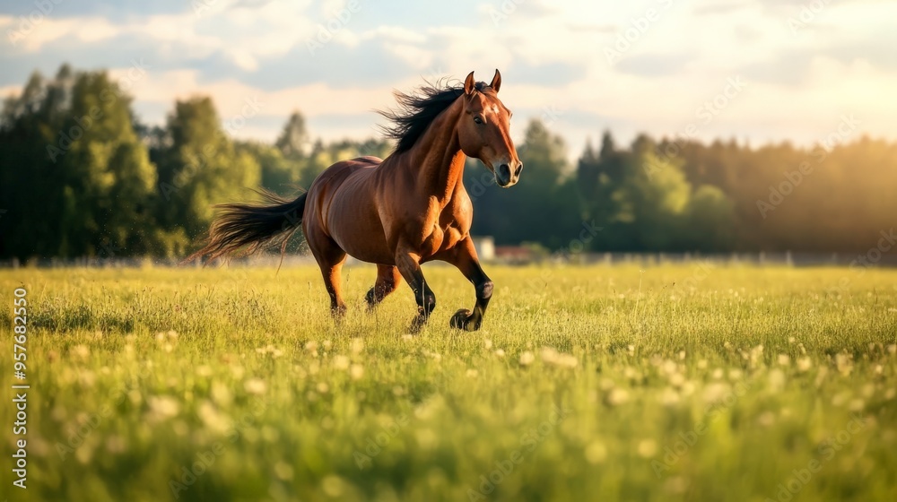 Majestic brown horse galloping in a sunlit green meadow, with trees and clear skies in the background, capturing the essence of freedom and nature. Majestic brown horse galloping in a sunlit green meadow, with trees and clear skies in the background, capturing the essence of freedom and nature.