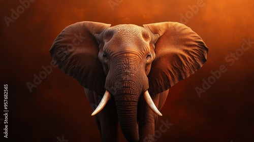 Majestic close-up of an elephant with prominent tusks, set against a warm, dramatic backdrop, emphasizing its serene yet powerful presence.